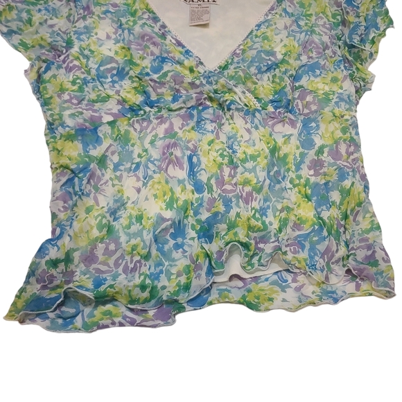 AML Women's Blue Floral V-Neck Ruffle Sleeve Top Size XL - Picture 3 of 10